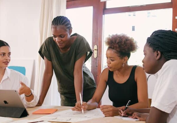Group of female business owners discussing their loans for small business needs.
